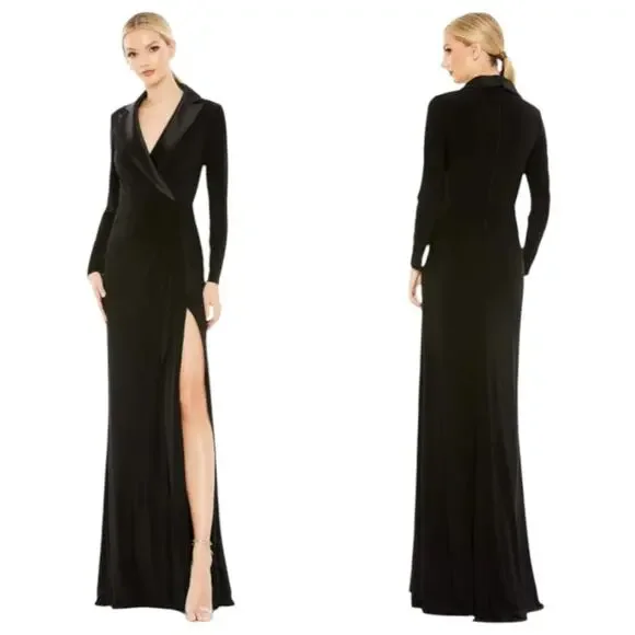 Mac Duggal Black Faux Tuxedo Long Sleeve Formal Gown Size 6 NWT - Picture 1 of 12